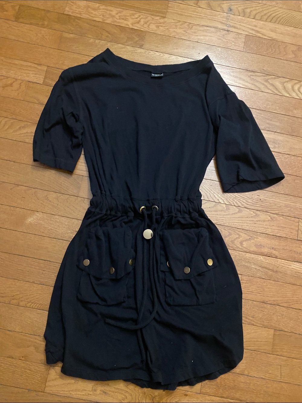 Casual Black Drawstring Waist Dress -